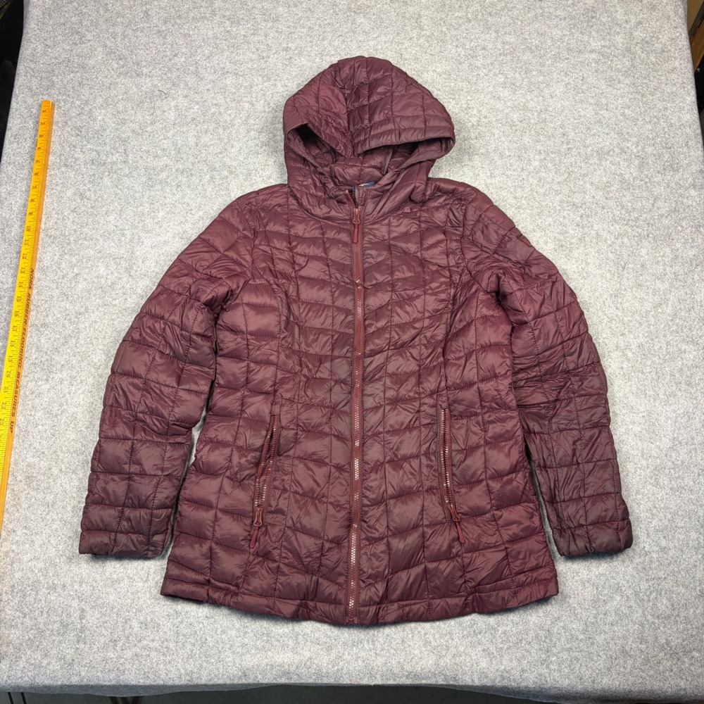 Reebok Womens Puffer Jacket Burgundy Maroon Hooded Quilted Full Zip Size Large